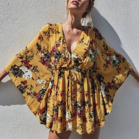 Dresses & Skirts - Bohemian Mustard Yellow Floral Print Batwing Festival Dress